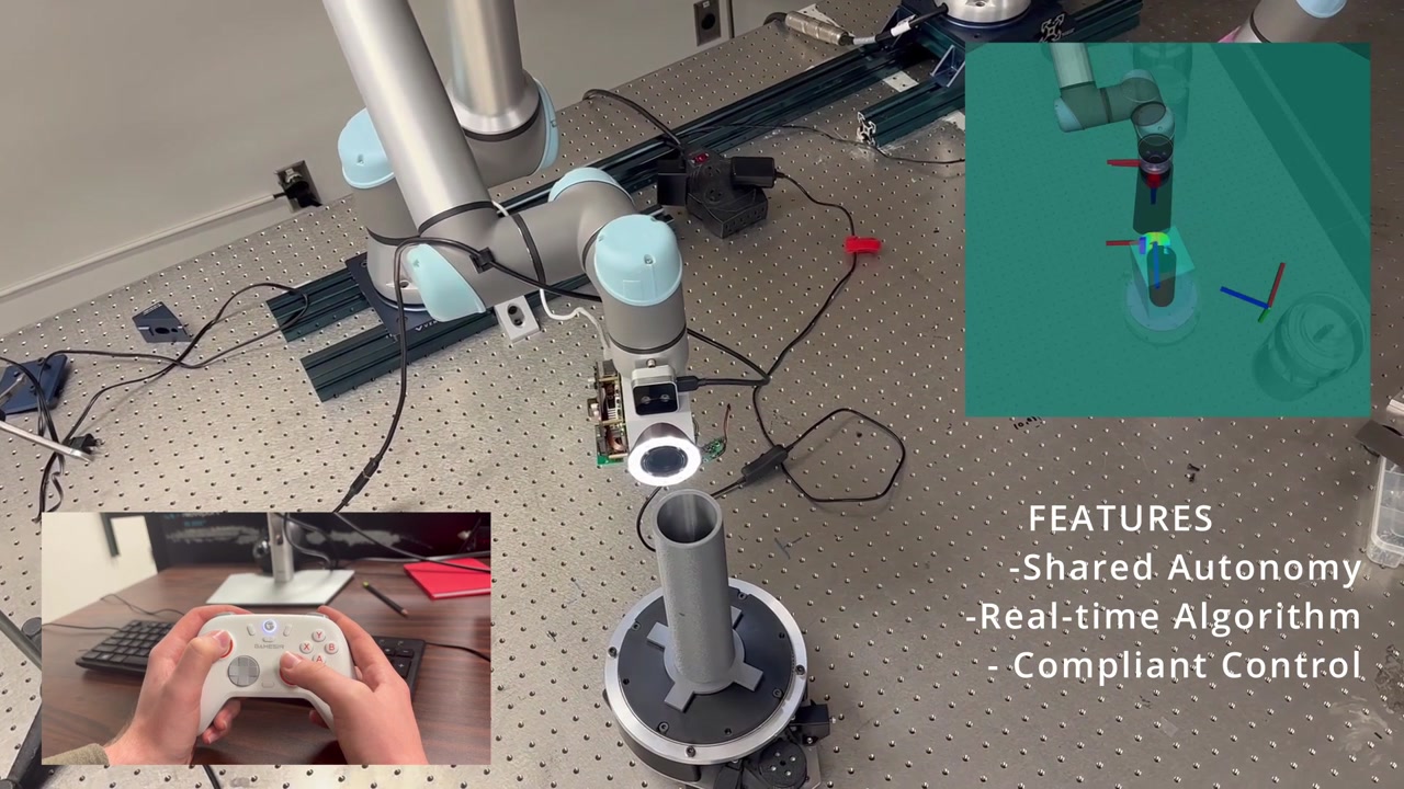 UR5e inspection robot with an eye-in-hand camera aligning to a cylindrical part, an RViz surface-normal view, and an operator controlling shared autonomy with a handheld controller.